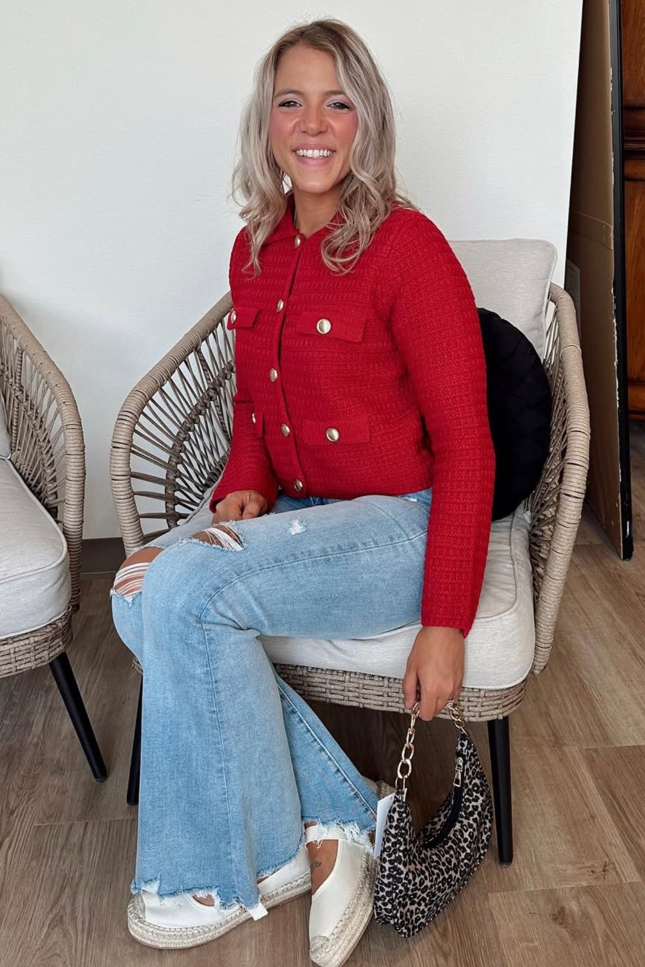 Red Sweater Gold Buttons