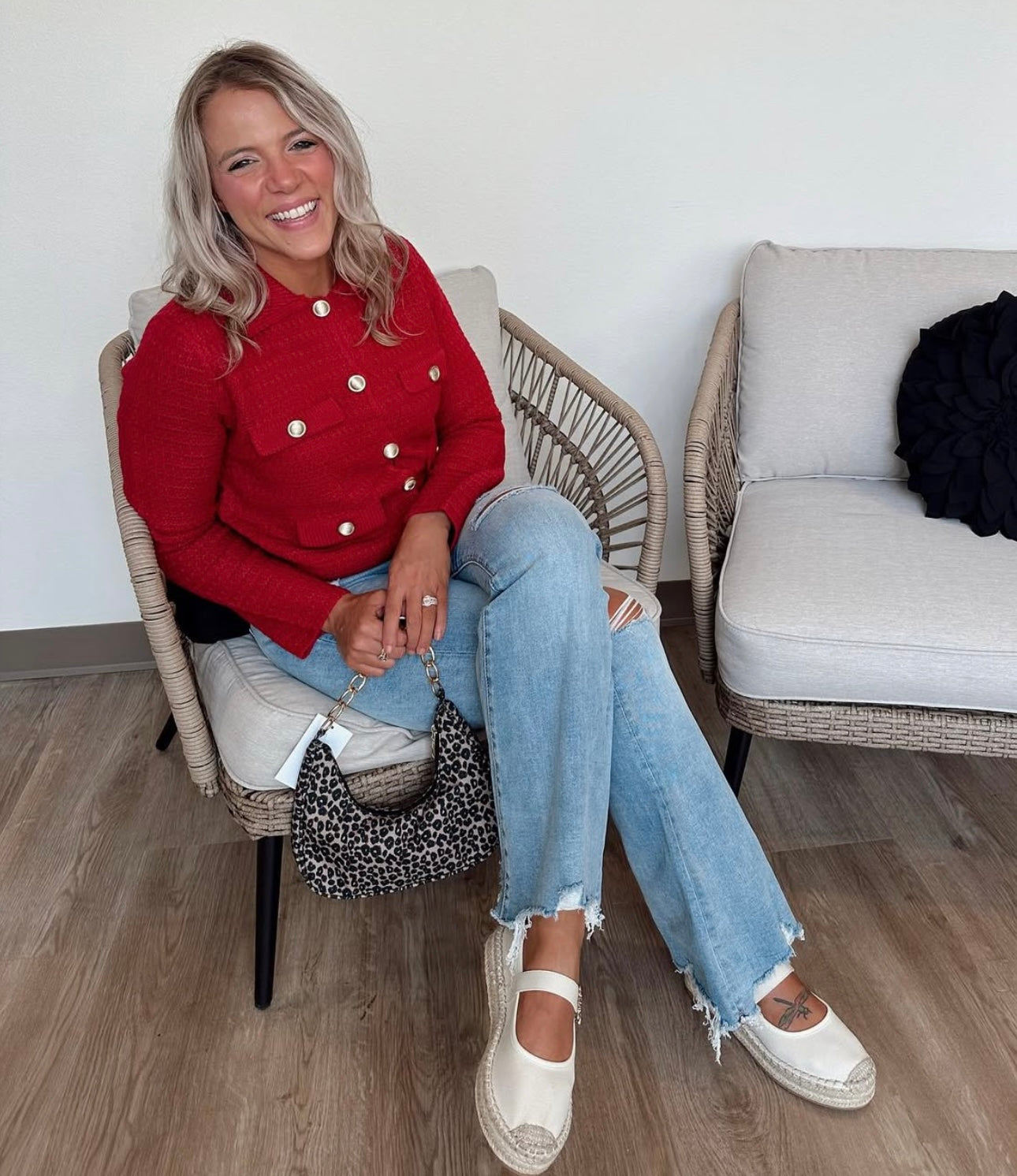 Red Sweater Gold Buttons
