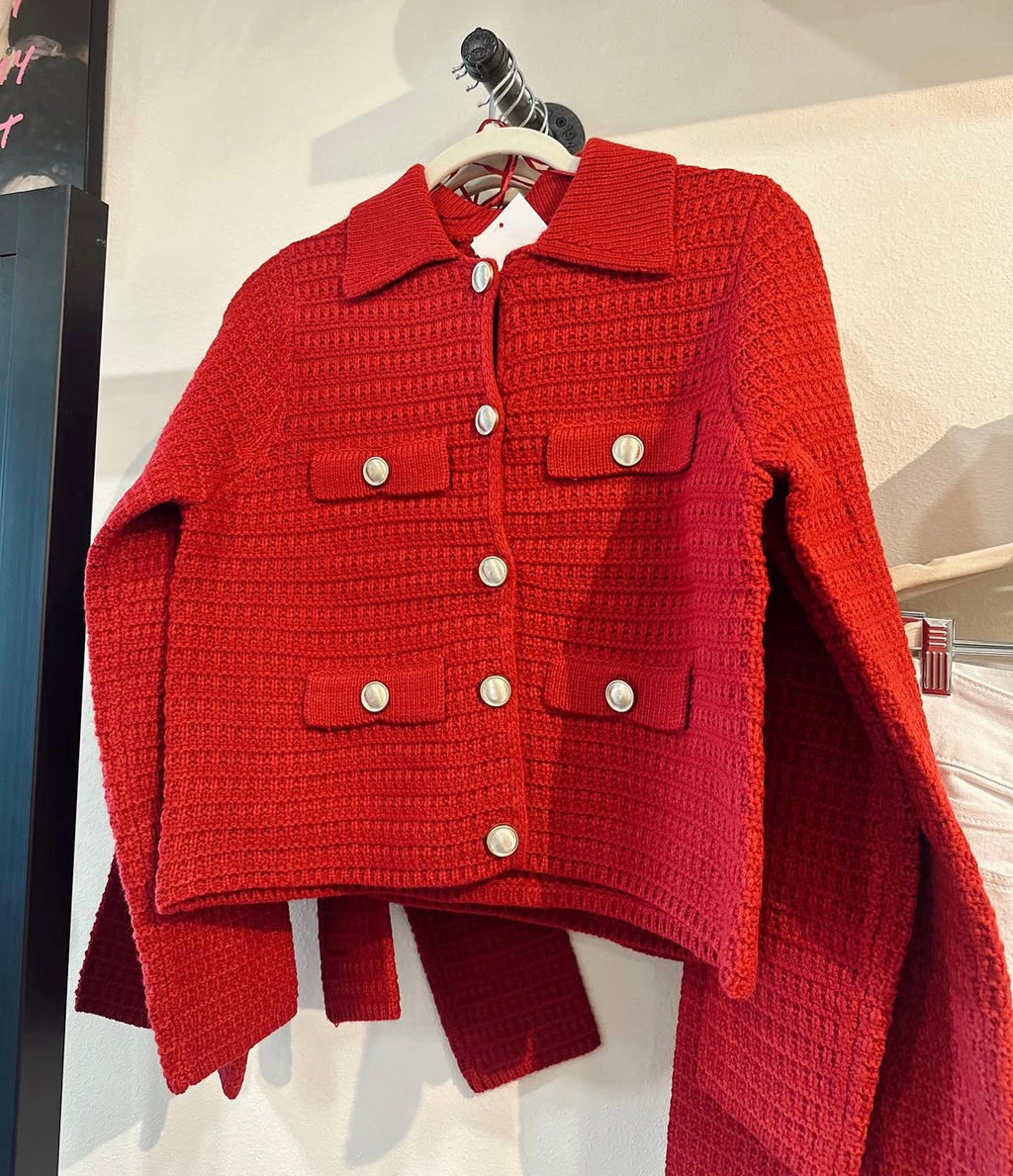 Red Sweater Gold Buttons