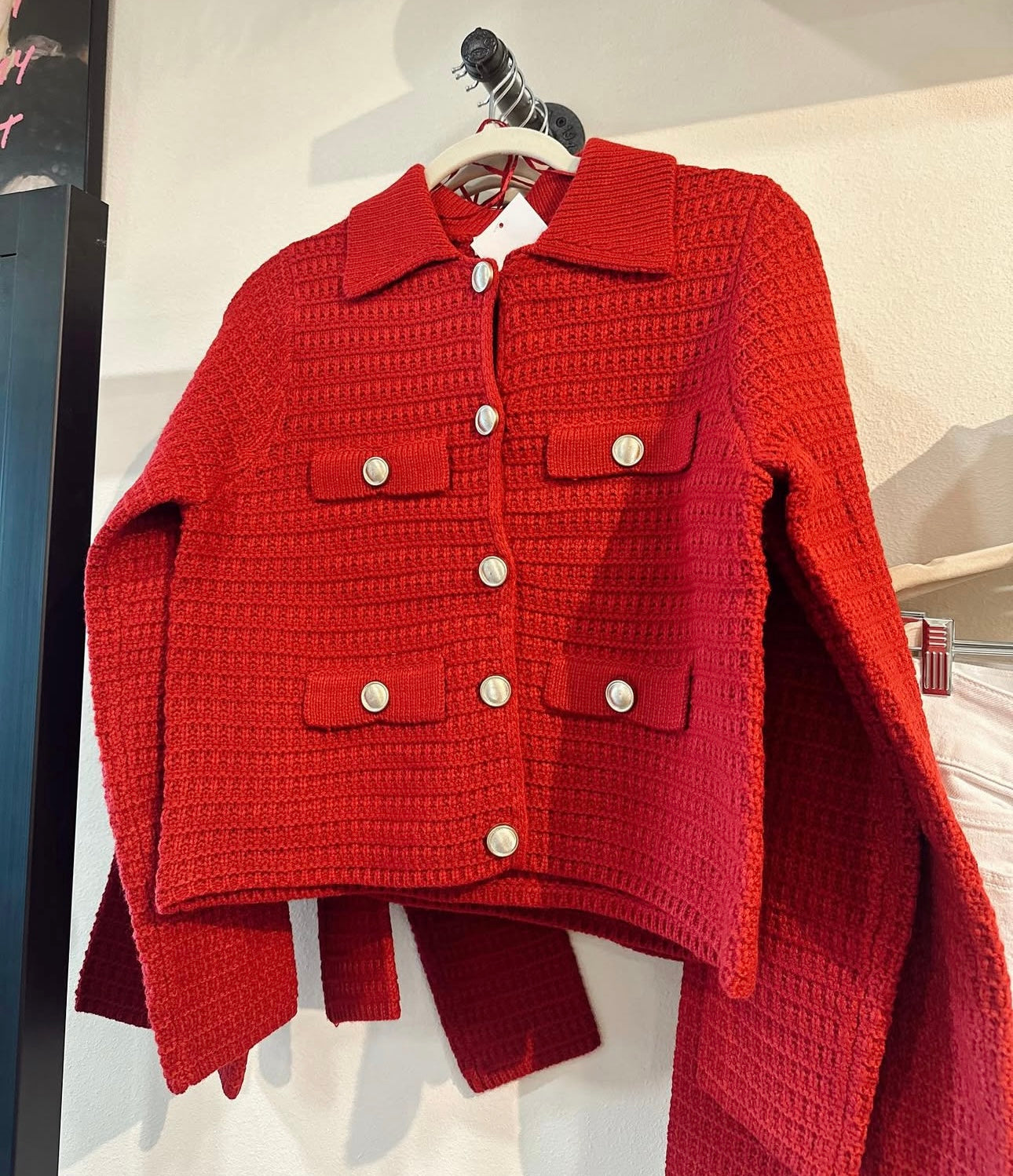 Red Sweater Gold Buttons