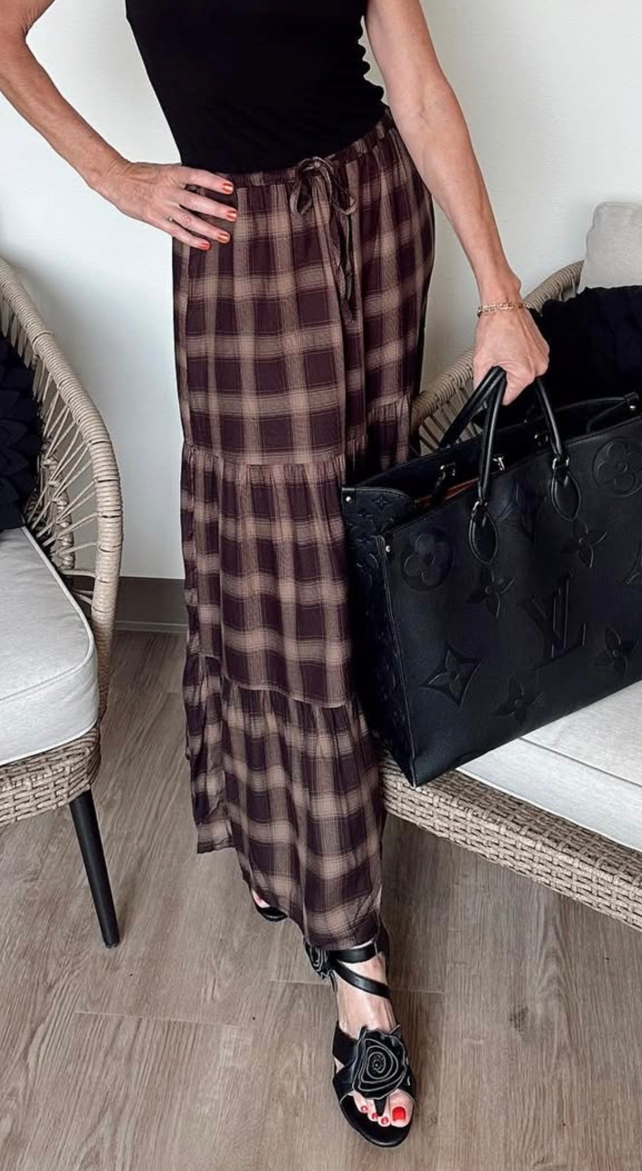 Checkered Tiered Maxi Skirt With Drawstring