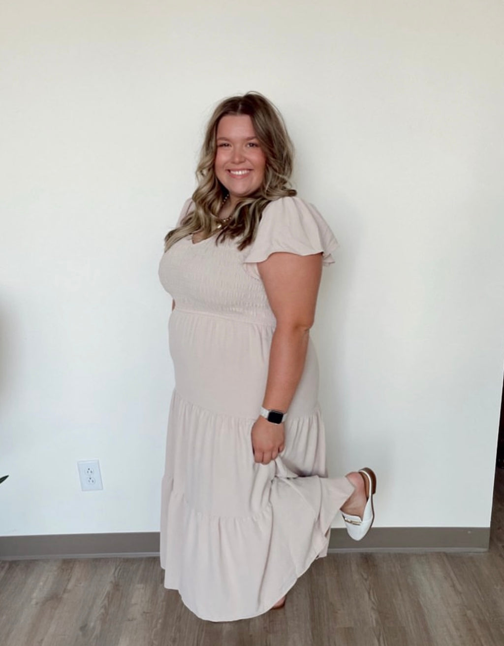 Khaki Flutter Sleeve Midi Dress
