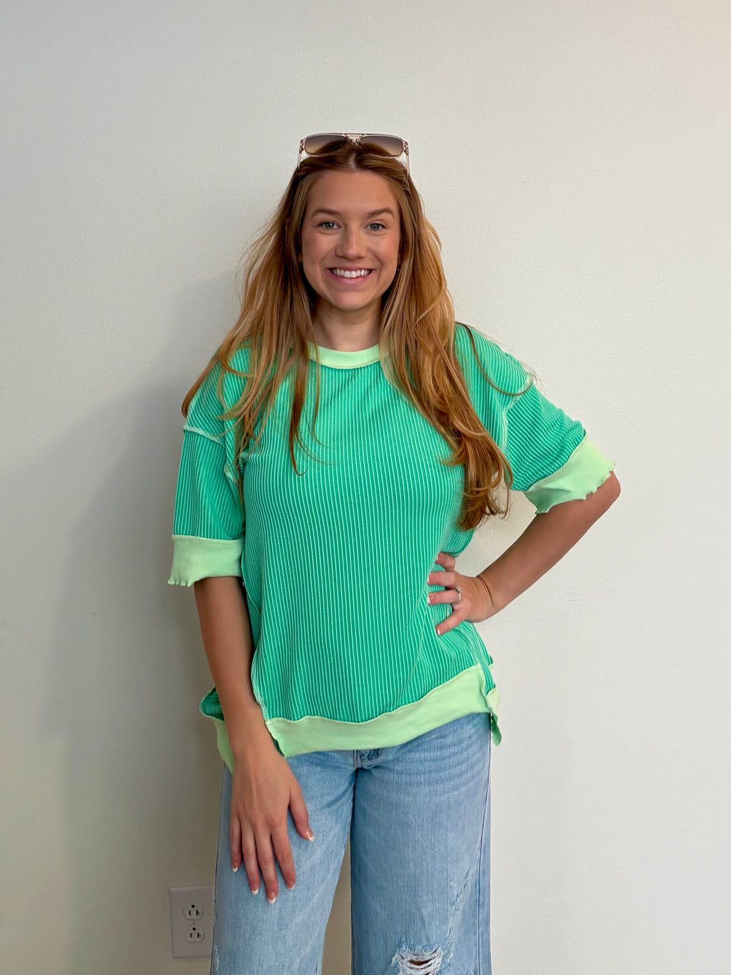 Green distressed knit top!!