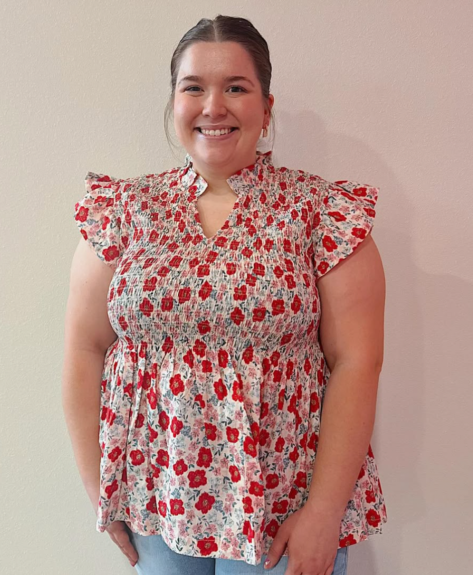 Plus Red Floral Ruffle Blouse