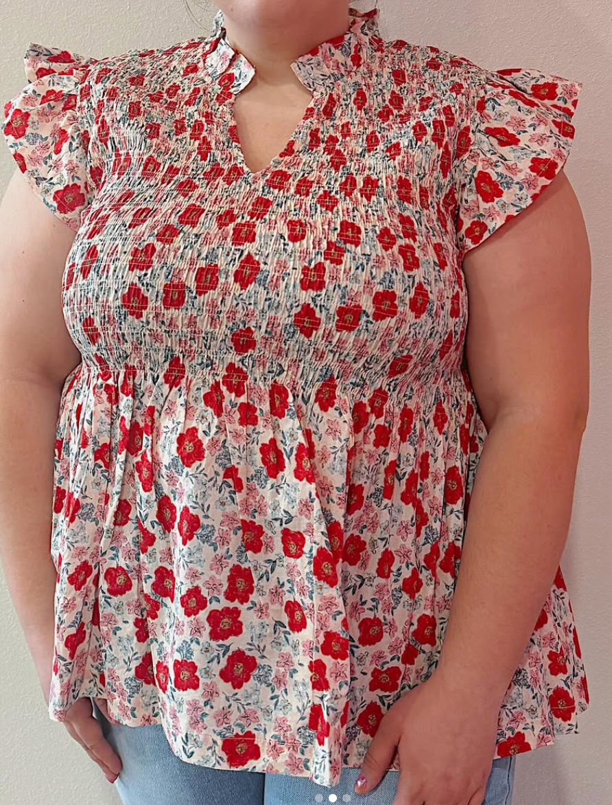 Plus Red Floral Ruffle Blouse