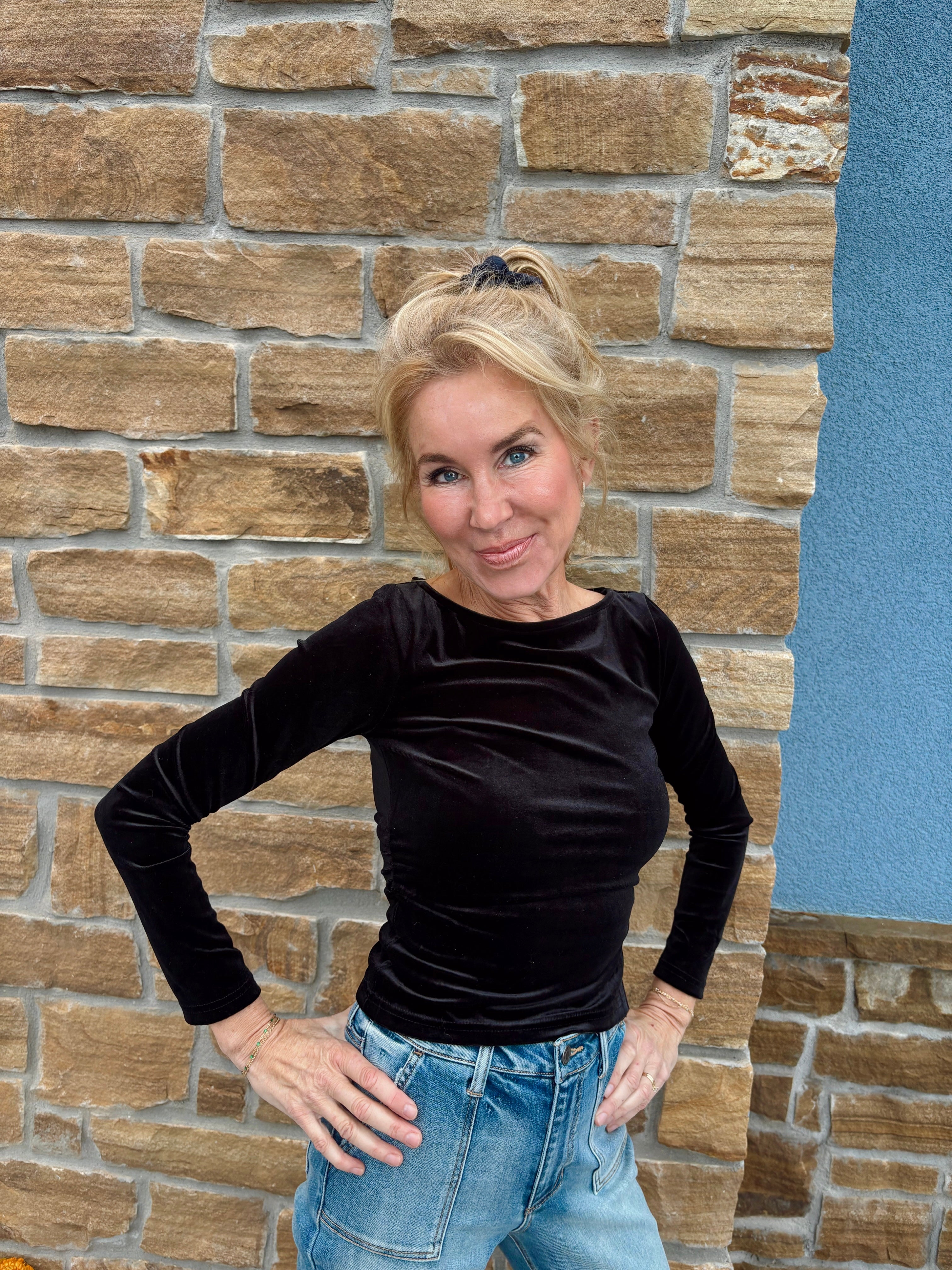 Velvet Boat Neck Top Black